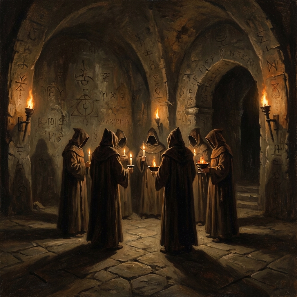 Hooded figures gathered in secret ceremony
